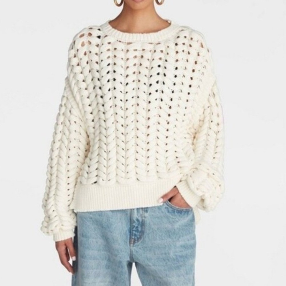KDD by Kahlana Ivory Chunky Braid Open Knit Sweater XL Crew Neck Long Sleeve